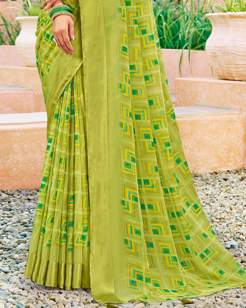 Vishal Prints Light Olive Green Digital Print Chiffon Saree With Foil Print And Tassel