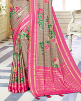Vishal Prints Beige And Pink Satin Saree With Foil Print And Tassel