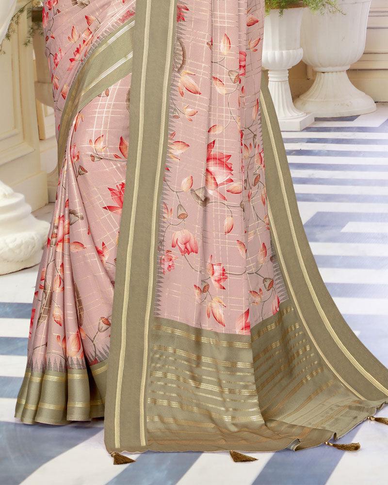 Vishal Prints Pink Satin Saree With Foil Print And Tassel