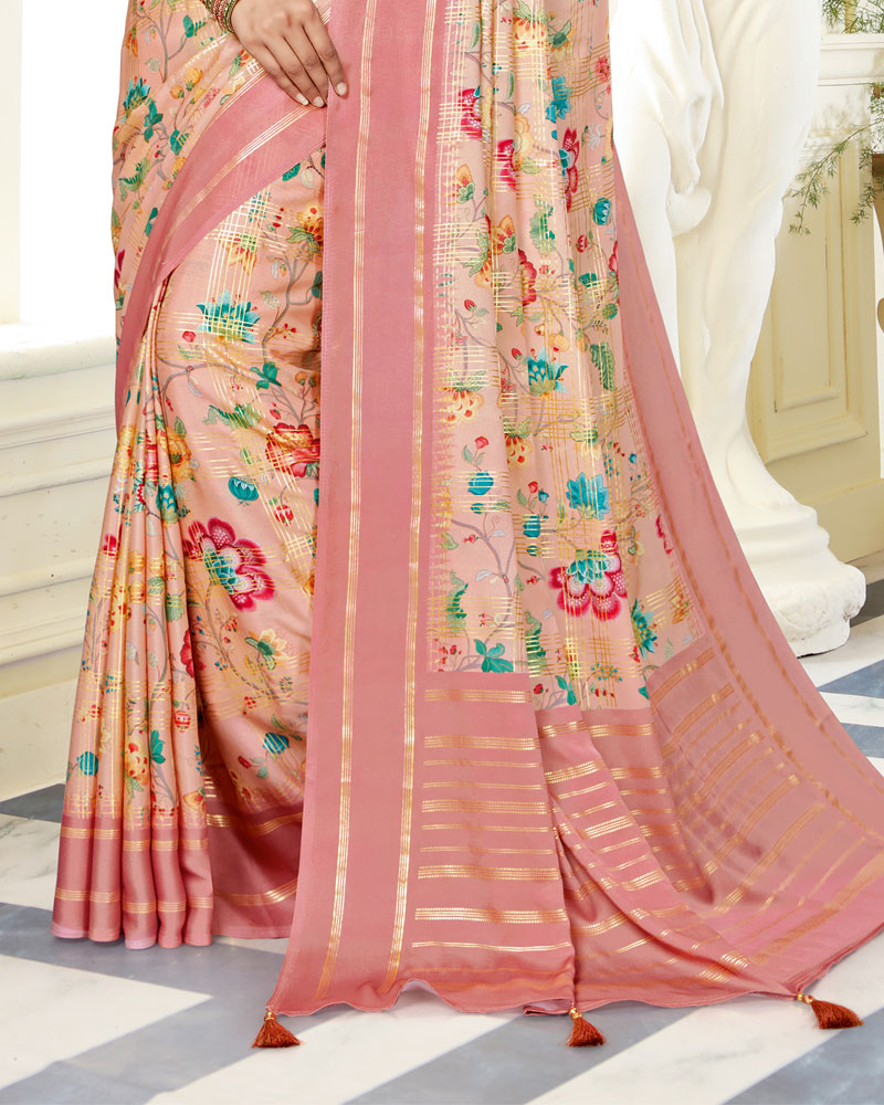 Vishal Prints Rose Pink Satin Saree With Foil Print And Tassel