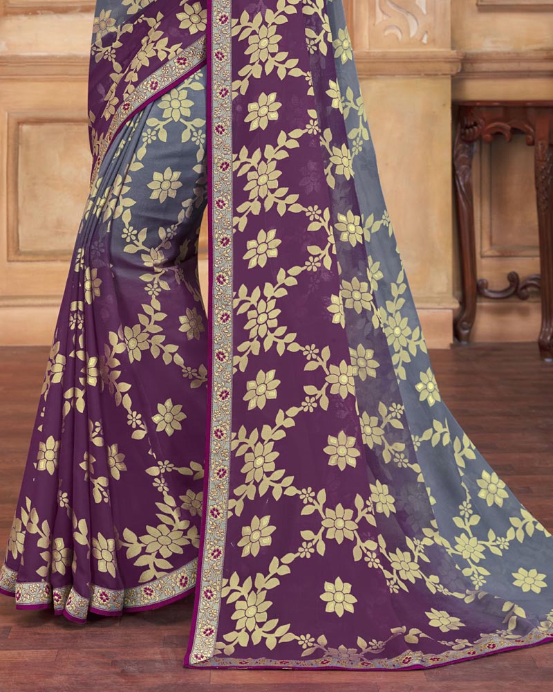 Vishal Prints Grey And Purple Brasso Saree With Zari Border