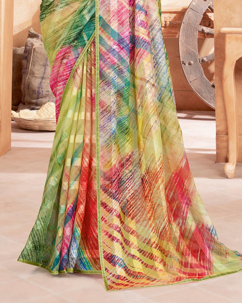 Vishal Prints Multi Color Fancy Chiffon Digital Print Saree With Diamond Work Satin Piping