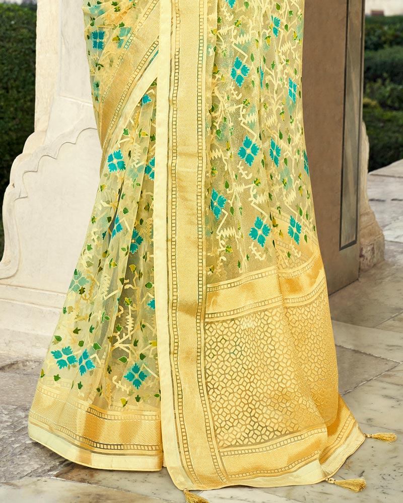 Vishal Prints Light Yellow Printed Designer Tissue Brasso Saree With Tassel