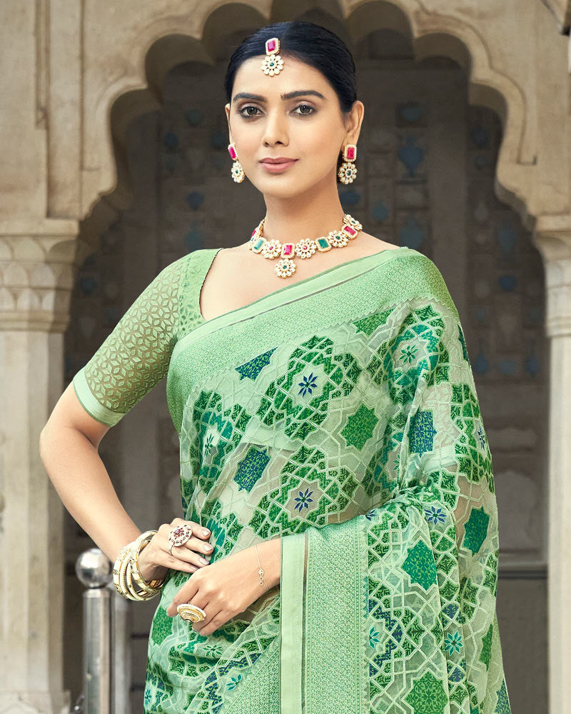 Vishal Prints Light Teal Green Printed Designer Tissue Brasso Saree With Tassel