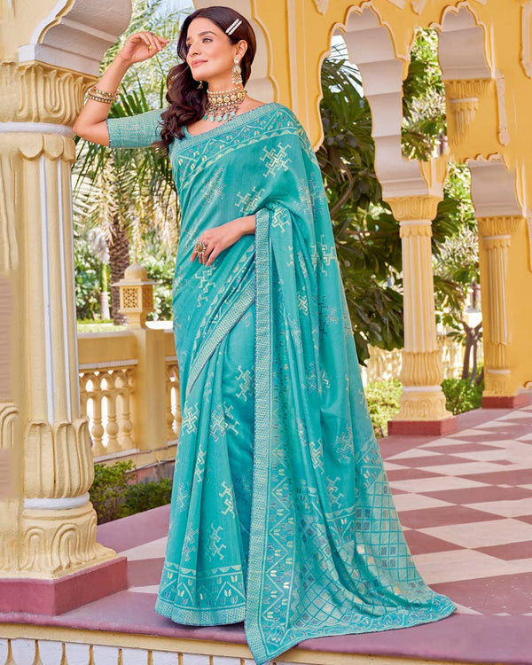 Vishal Prints Dark Turquoise Blue Cotton Brasso Saree With Core Piping