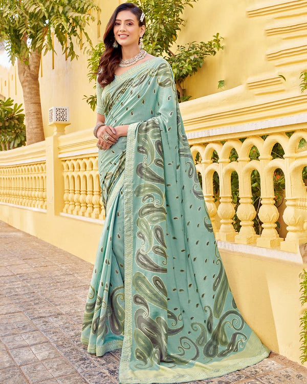 Vishal Prints Mist Green Cotton Brasso Saree With Core Piping