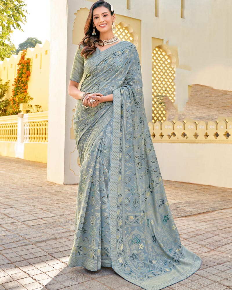 Vishal Prints Cool Grey Cotton Brasso Saree With Core Piping