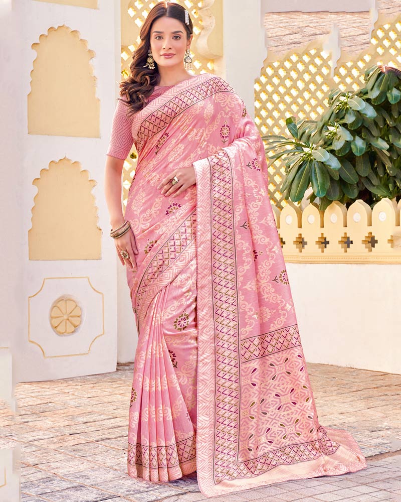 Vishal Prints Rose Pink Cotton Brasso Saree With Core Piping