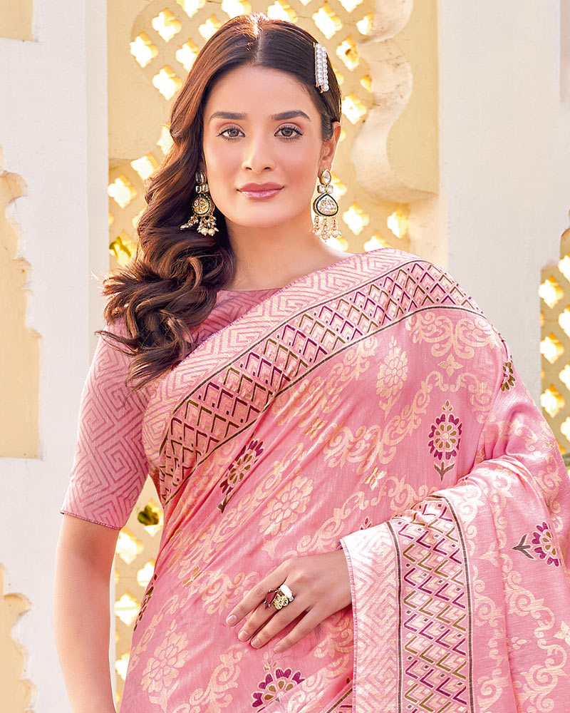 Vishal Prints Rose Pink Cotton Brasso Saree With Core Piping