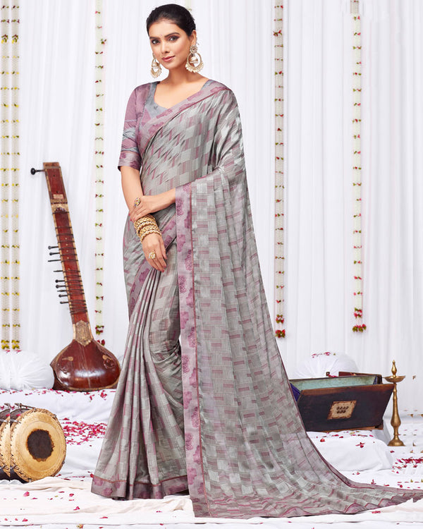 Vishal Prints Light Grey Fancy Chiffon Designer Saree With Fancy Satin Border