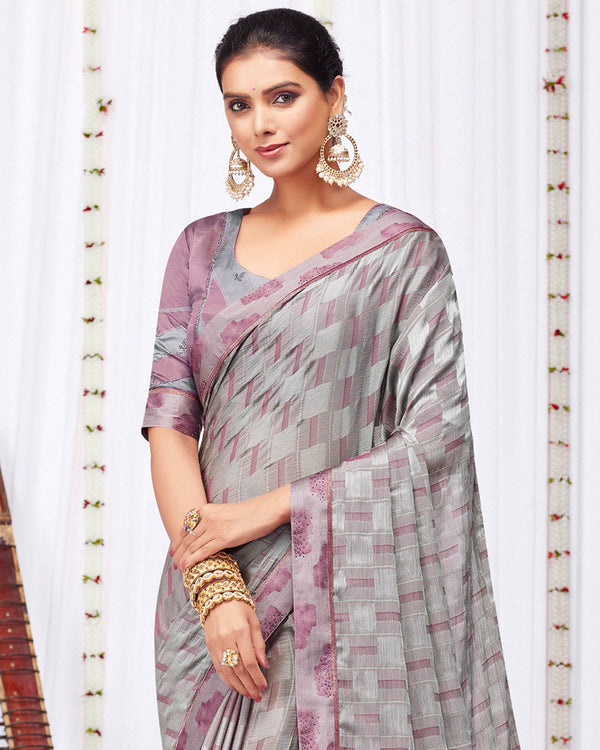 Vishal Prints Light Grey Fancy Chiffon Designer Saree With Fancy Satin Border