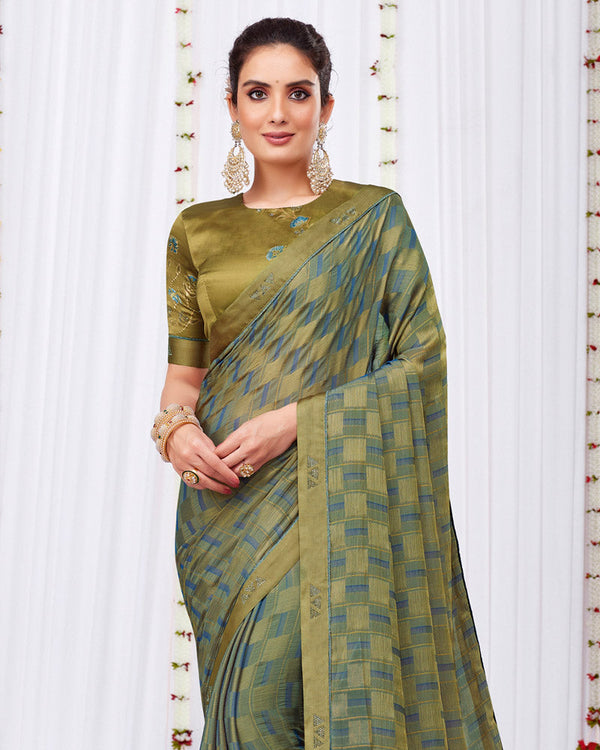 Vishal Prints Pastel Olive Fancy Chiffon Designer Saree With Fancy Satin Border