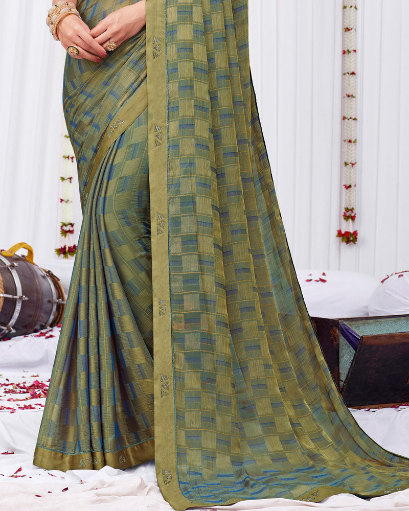 Vishal Prints Pastel Olive Fancy Chiffon Designer Saree With Fancy Satin Border