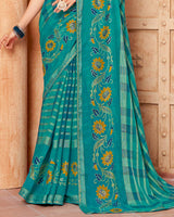 Vishal Prints Teal Blue Printed Designer Chiffon Saree With Foil Print And Zari Piping