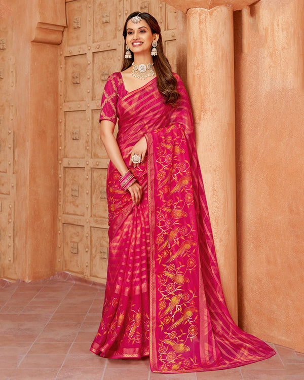 Vishal Prints Razzmatazz Pink Printed Designer Chiffon Saree With Foil Print And Zari Piping