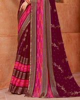 Vishal Prints Wine Printed Designer Chiffon Saree With Foil Print And Zari Piping