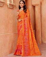 Vishal Prints Orange Printed Designer Chiffon Saree With Foil Print And Zari Piping