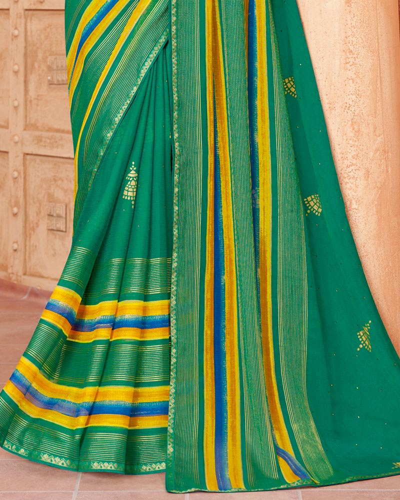 Vishal Prints Dark Mint Green Printed Designer Chiffon Saree With Foil Print And Zari Piping