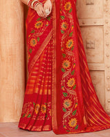 Vishal Prints Dark Red Printed Designer Chiffon Saree With Foil Print And Zari Piping