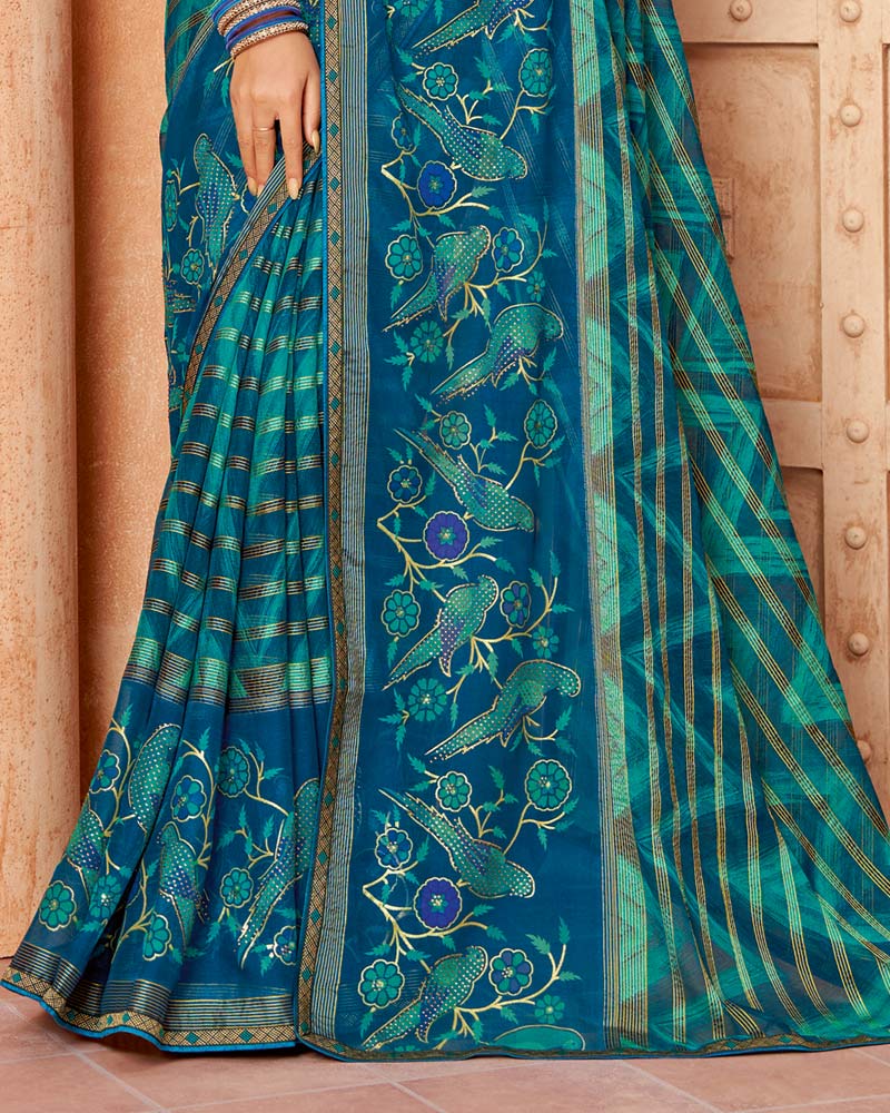 Vishal Prints Peacock Blue Printed Designer Chiffon Saree With Foil Print And Zari Piping