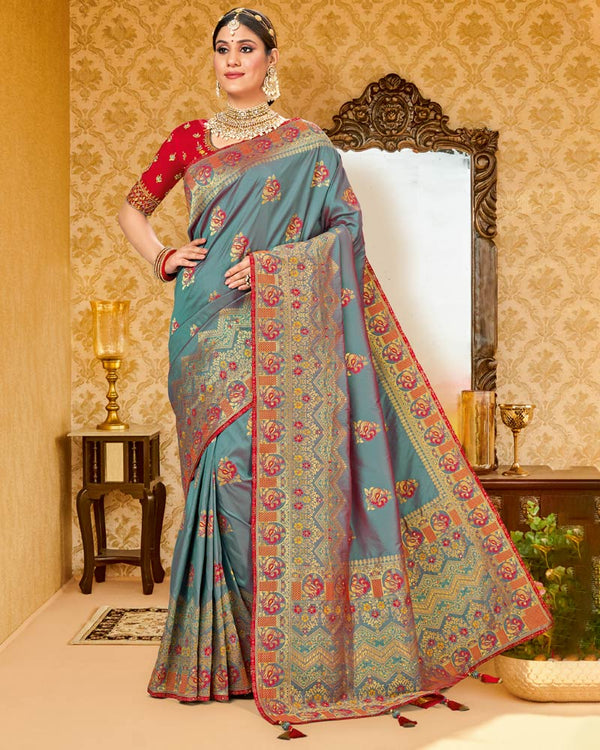 Vishal Prints Pastel Blue Art Silk Weaving Saree With Stone Work And Tassel