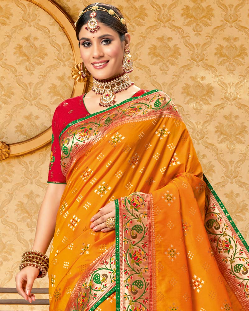 Vishal Prints Yellowish Orange Art Silk Weaving Saree With Stone Work And Tassel