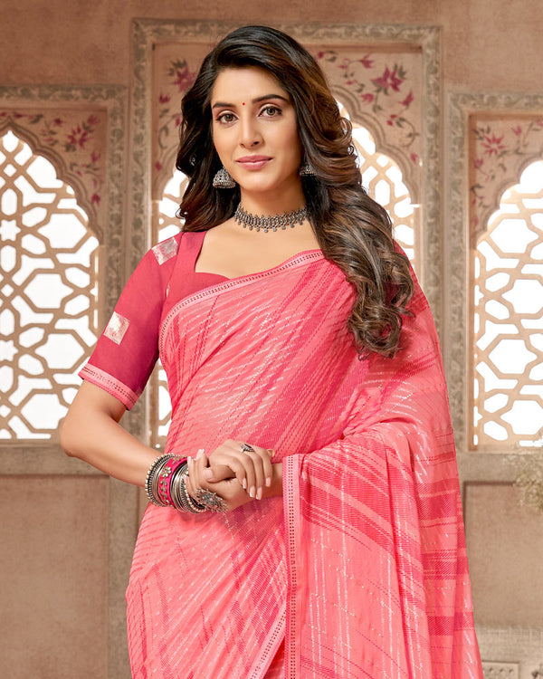 Vishal Prints Froly Pink Printed Fancy Chiffon Saree With Diamond Piping