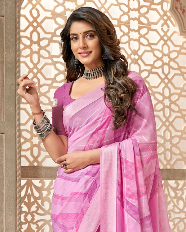 Vishal Prints Pink Printed Fancy Chiffon Saree With Weaved Satin Patta And Tassel