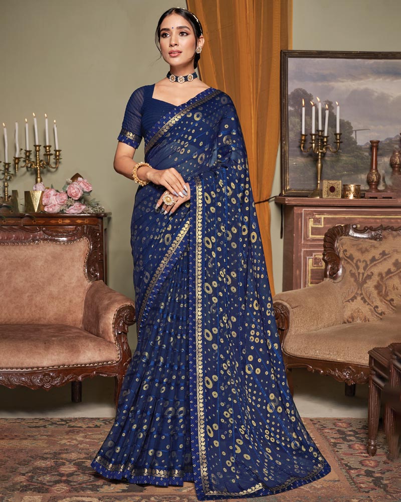 Vishal Prints Dark Blue Patterned Brasso Saree With Fancy Zari Border