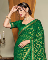 Vishal Prints Dark Green Patterned Brasso Saree With Fancy Zari Border