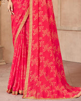 Vishal Prints Red Pink Patterned Brasso Saree With Zari Border