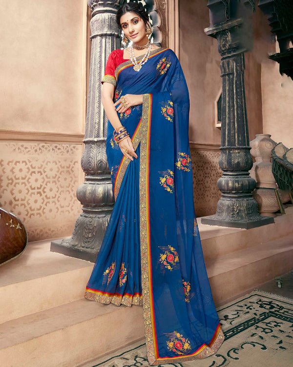 Vishal Prints Blue Chiffon Saree With Embroidery Work And Zari Border