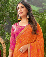 Vishal Prints Orange Bandhani Print Georgette Saree With Fancy Border