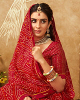 Vishal Prints Dark Red Printed Georgette Bandhani Print Saree With Fancy Border
