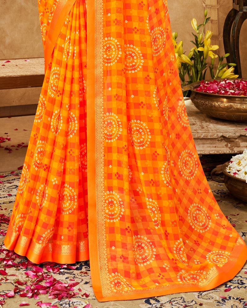 Vishal Prints Orange Printed Georgette Bandhani Print Saree With Fancy Border