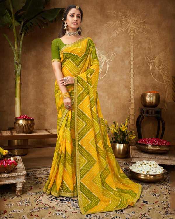 Vishal Prints Dark Yellow Printed Georgette Bandhani Print Saree With Foil Print And Fancy Border