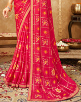 Vishal Prints Pinkish Red Printed Georgette Bandhani Print Saree With Foil Print And Fancy Border