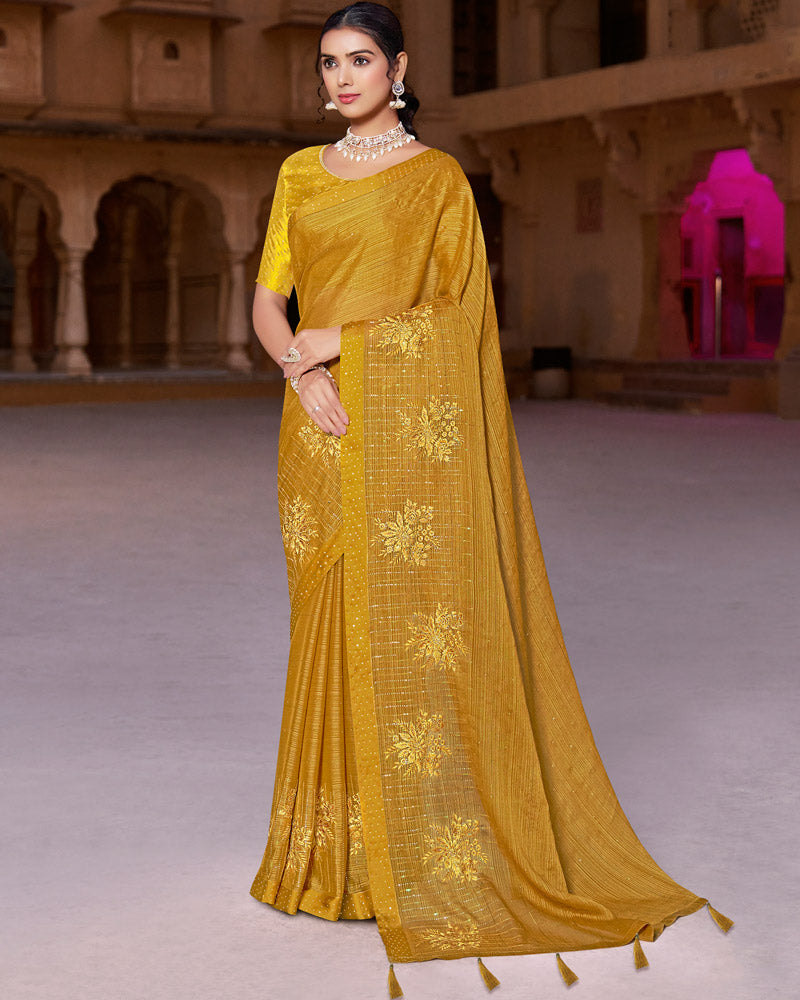 Vishal Prints Mustard Designer Chiffon Saree With Embroidery Diamond Work And Weaved Satin Patta