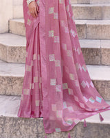 Vishal Prints Mauve Designer Chiffon Saree With Embroidery Diamond Work And Weaved Satin Patta