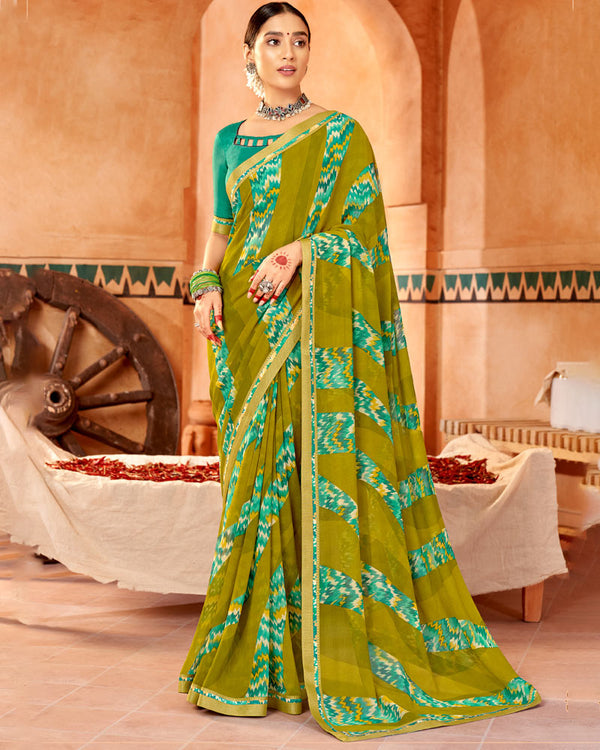 Vishal Prints Mehandi Green Printed Georgette Saree With Fancy Border