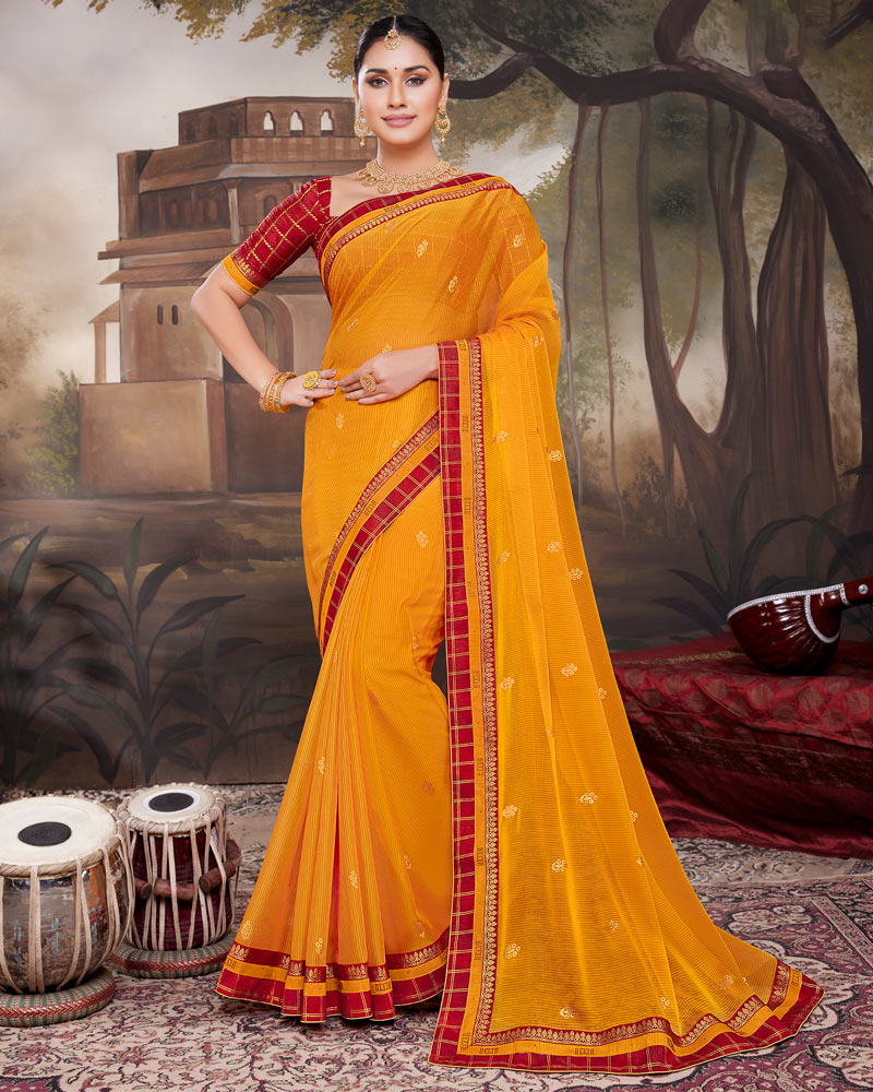 Vishal Prints Orange Chiffon Saree With Foil Print And Fancy Border