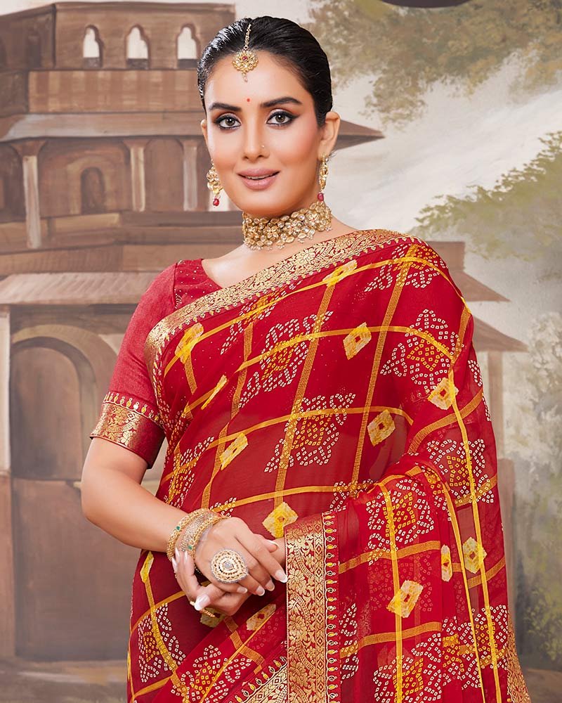 Vishal Prints Cherry Red Georgette Saree With Fancy Work And Border