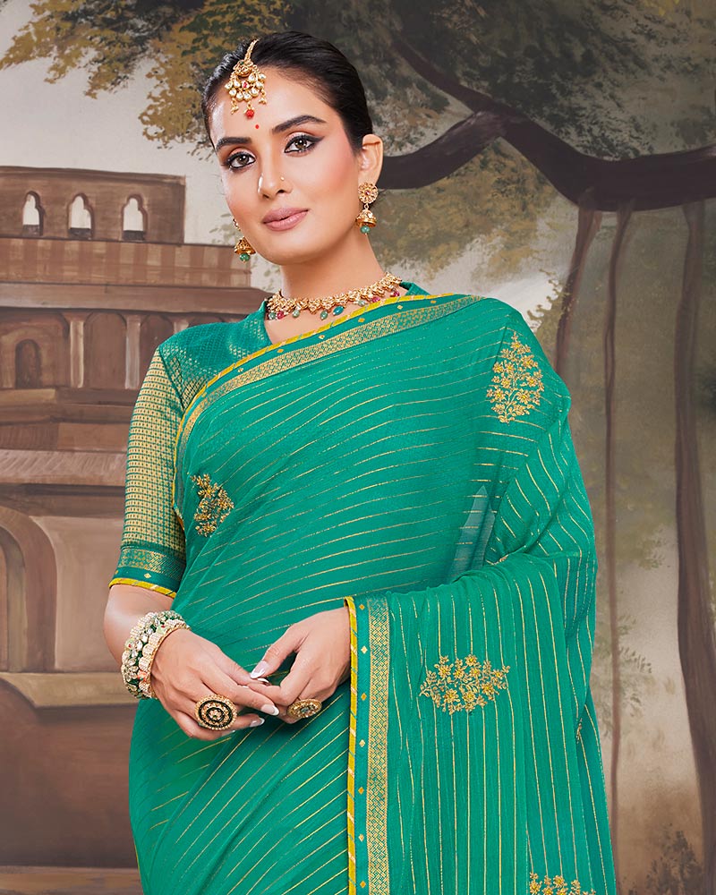 Vishal Prints Aqua Green Chiffon Saree With Embroidery Work And Fancy Border