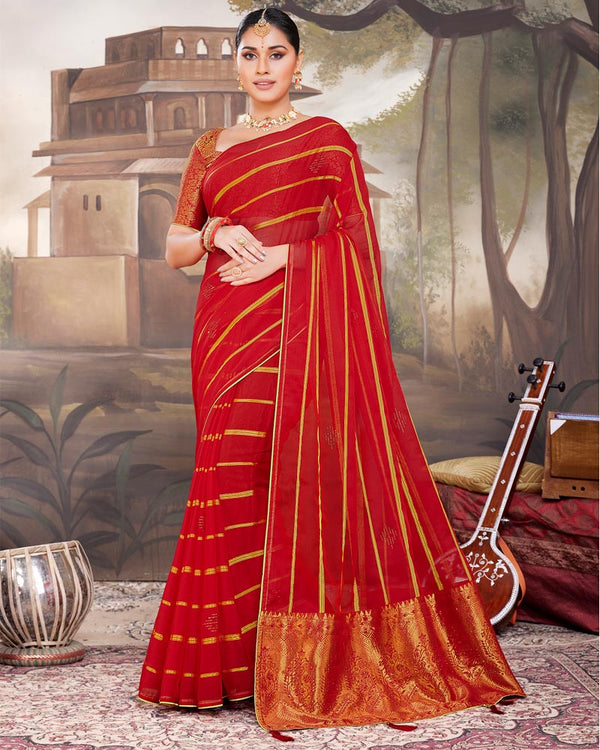 Vishal Prints Cherry Chiffon Saree With Heavy Fancy Pallu And Border