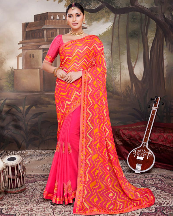 Vishal Prints Red Pink Chiffon Saree With Embroidery Work And Fancy Border