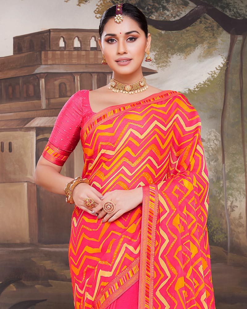 Vishal Prints Red Pink Chiffon Saree With Embroidery Work And Fancy Border