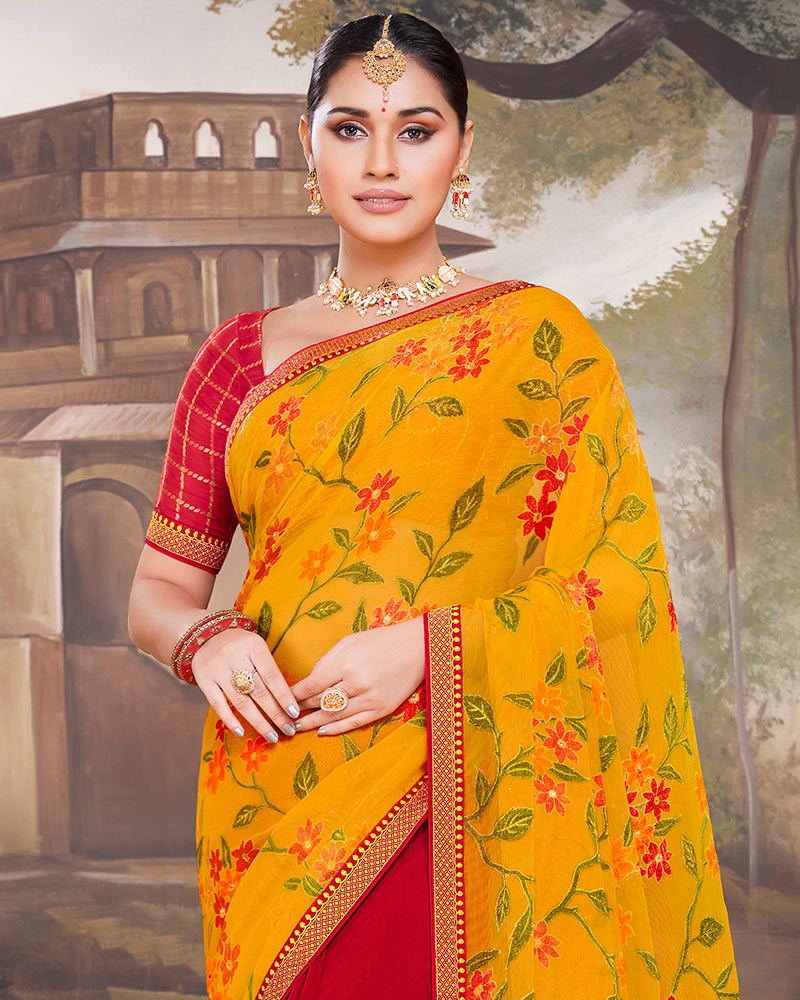 Vishal Prints Golden Yellow Chiffon Saree With Embroidery Work And Fancy Border
