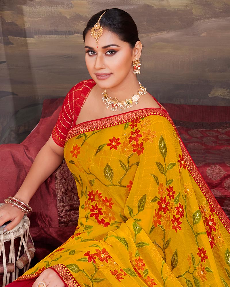 Vishal Prints Golden Yellow Chiffon Saree With Embroidery Work And Fan