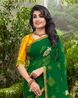 Vishal Prints Dark Green Printed Georgette Saree With Foil Print And Zari Border