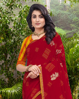 Vishal Prints Dark Red Printed Georgette Saree With Foil Print And Zari Border